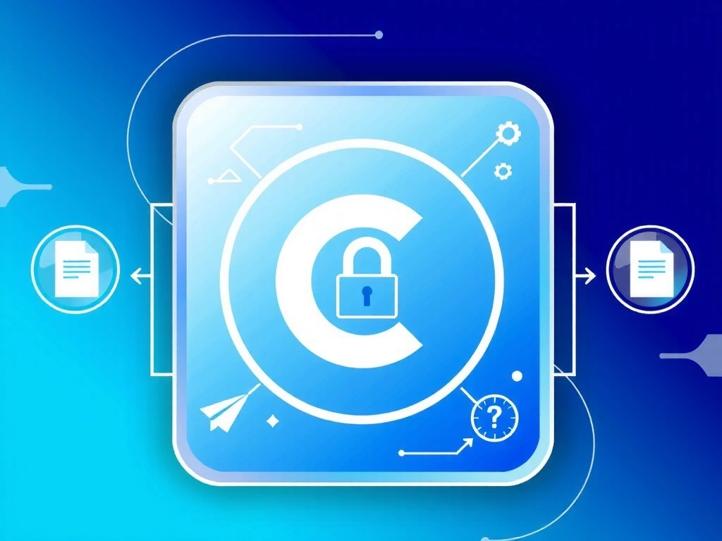 Ilustracja symbolizująca prawa autorskie, z ikonami dokumentów, kłódki i znaku copyright. Nowoczesny, cyfrowy styl.